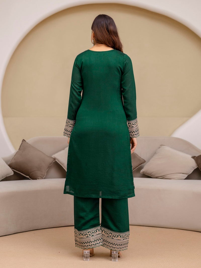 TRENDMALLS Women's Art Silk Embroidery Kurta Palazzo with Dupatta Set (G346-Green-L) - Image 2