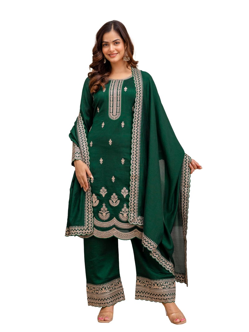 TRENDMALLS Women's Art Silk Embroidery Kurta Palazzo with Dupatta Set (G346-Green-L) - Image 1