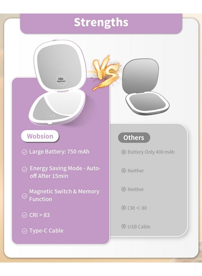 ووبسيون مرآة سفر مع ضوء قابلة لإعادة الشحن، مرآة مكبرة مدمجة 1X/10X، مرآة جيب قابلة للتعتيم، مرآة محمولة على الجانبين مع إضاءة بحجم سفر 4 بوصة، قابلة للحمل لحقيبة اليد، هدية أرجوانية - Image 3