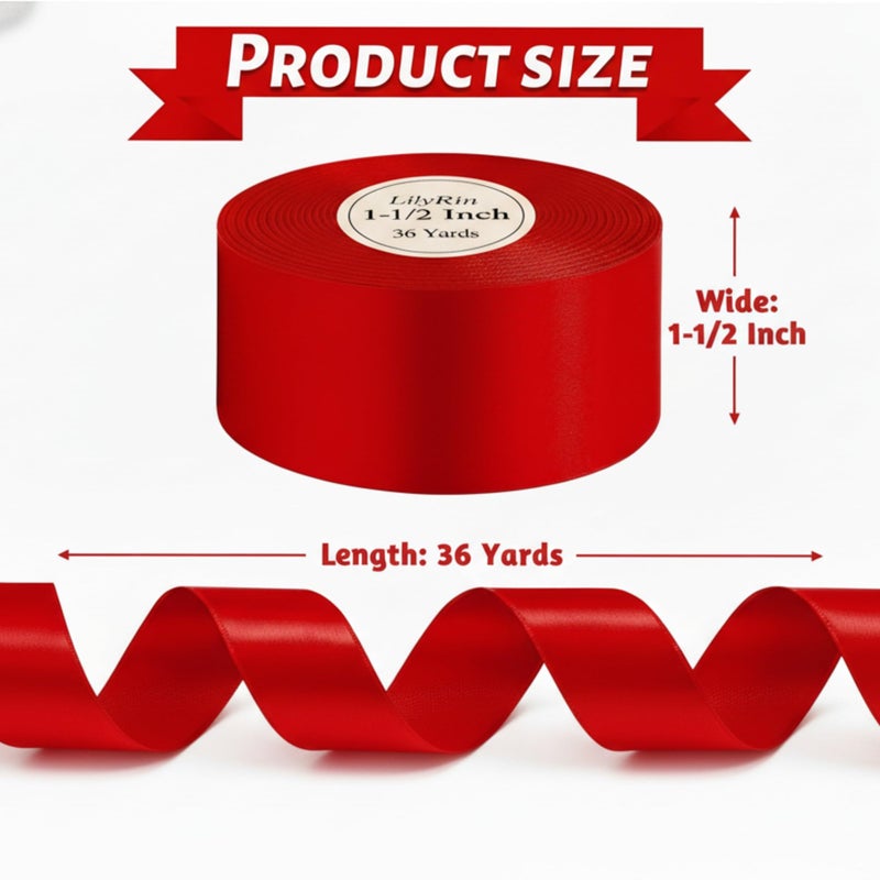 LilyRin Red Ribbon 1-1/2 Inch 36 Yards Christmas Satin Roll 1.5 Inch Perfect for Art Wedding Wreath Packing Birthday Flower Bouquets Baby Shower DIY Hair Bows Accessories Scrapbooking Wrapping Handmade - Image 2