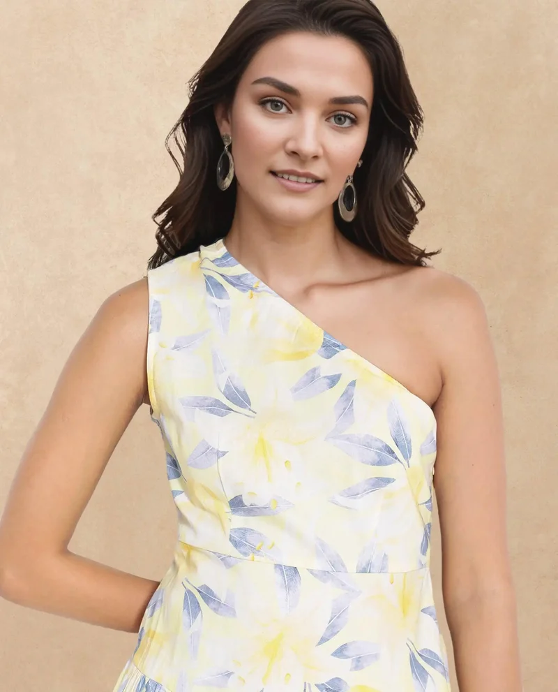 Rareism Women's Floral Print One-Shoulder Midi Dress