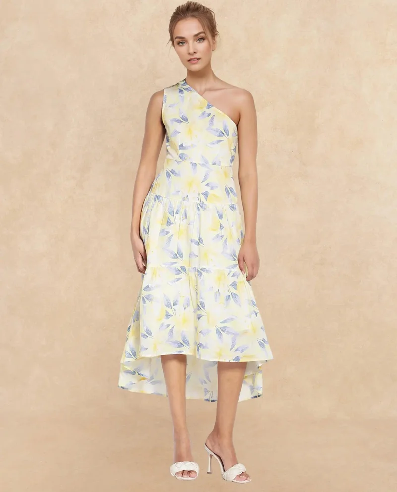 Rareism Women's Floral Print One-Shoulder Midi Dress