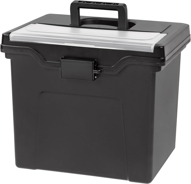 IrisUSA File Box with Lid File Organizer for Letter File w/Organizer-Lid, Plastic Mobile Filing Organizer, Water Resistant Document Box, Portable File Box with Handle, Secure Buckle, Lockable, Black - Image 1