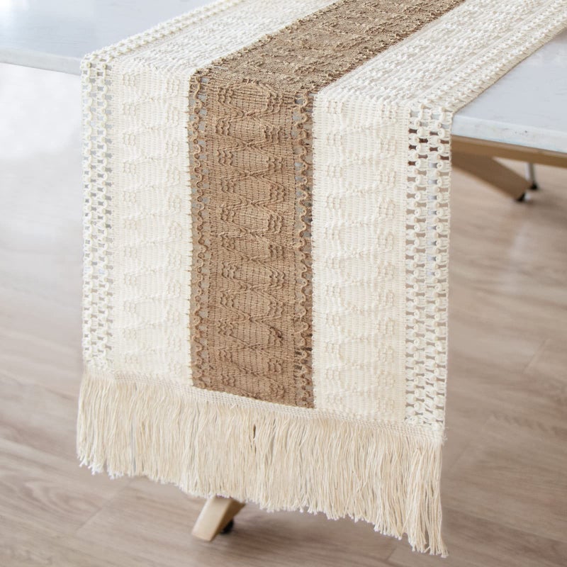 OurWarm Macrame Table Runner Farmhouse Style, Natural Burlap Boho Table Runner Modern Farmhouse Decor Rustic Woven Cotton Crochet Lace for Bohemian, Rustic,Bridal, Shower Wedding, Dinner, 72" x 12" - Image 1
