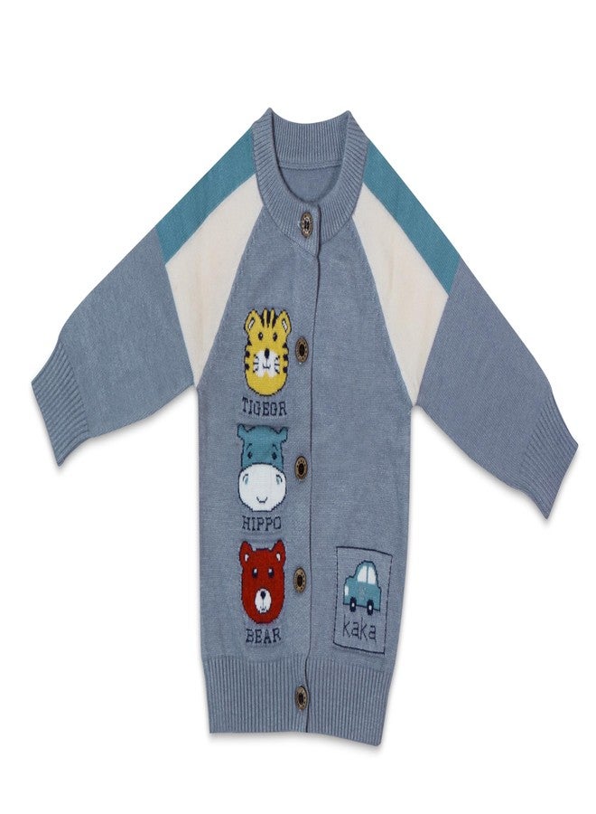 Pokory Adorable Baby Boys’ Knitted Button-Up Cardigan Sweater Soft Blue Cotton Knit with Cute Embroidered Animal Faces Color Block Sleeves Cozy Fall and Winter Outfit for Infants and Toddlers - Image 1