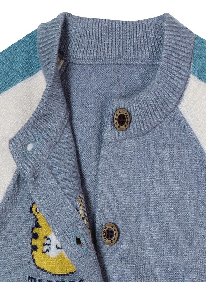 Pokory Adorable Baby Boys’ Knitted Button-Up Cardigan Sweater Soft Blue Cotton Knit with Cute Embroidered Animal Faces Color Block Sleeves Cozy Fall and Winter Outfit for Infants and Toddlers - Image 3