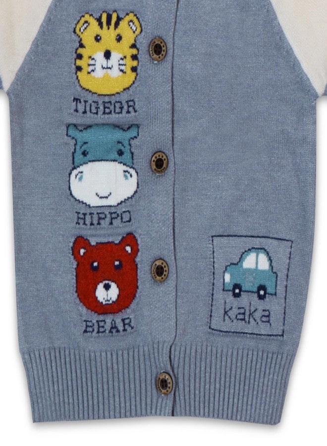 Pokory Adorable Baby Boys’ Knitted Button-Up Cardigan Sweater Soft Blue Cotton Knit with Cute Embroidered Animal Faces Color Block Sleeves Cozy Fall and Winter Outfit for Infants and Toddlers - Image 5