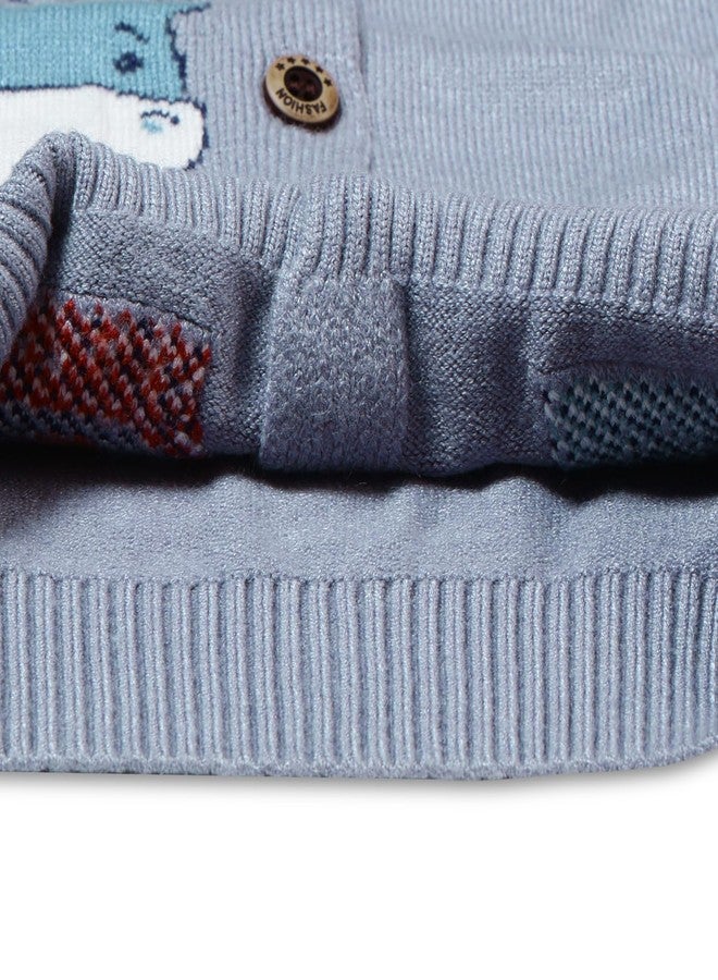 Pokory Adorable Baby Boys’ Knitted Button-Up Cardigan Sweater Soft Blue Cotton Knit with Cute Embroidered Animal Faces Color Block Sleeves Cozy Fall and Winter Outfit for Infants and Toddlers - Image 4