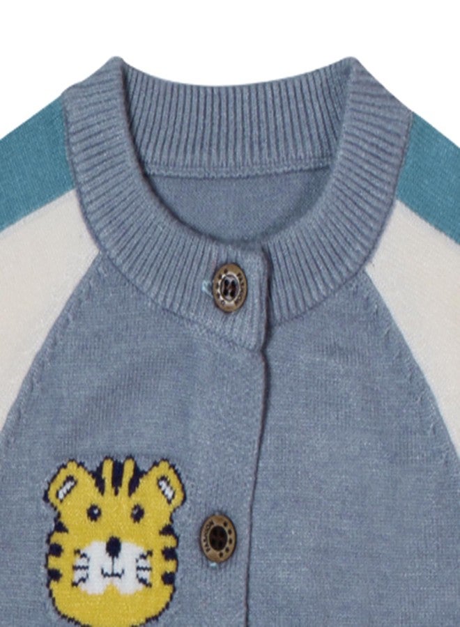 Pokory Adorable Baby Boys’ Knitted Button-Up Cardigan Sweater Soft Blue Cotton Knit with Cute Embroidered Animal Faces Color Block Sleeves Cozy Fall and Winter Outfit for Infants and Toddlers - Image 2