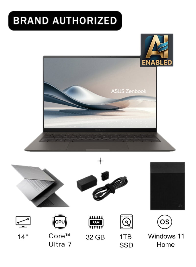أسوس كمبيوتر محمول Zenbook S 14 OLED بشاشة 14 بوصة ومعالج Ultra 7-258V وذاكرة وصول عشوائي 32 جيجابايت ومحرك أقراص SSD سعة 1 تيرابايت ورسومات Intel Arc وWindows 11 Home - Image 1