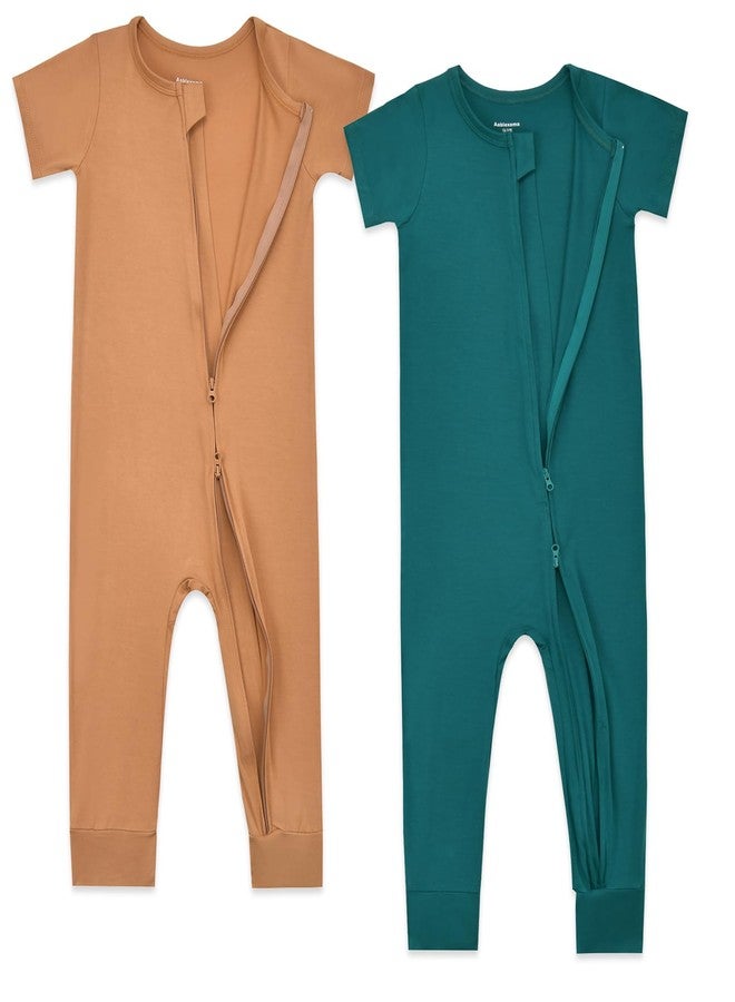 Aablexema Baby Romper Bamboo Rayon Short Sleeve Footless Pajamas 2 Way Zipper Summer Sleeper Jumpsuit Outfits(Khaki & Green,12-18m) - Image 3