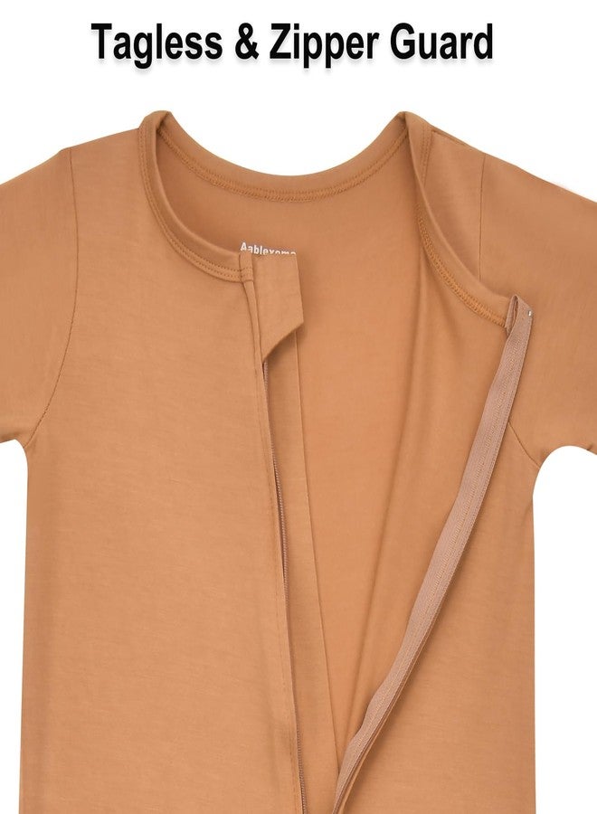 Aablexema Baby Romper Bamboo Rayon Short Sleeve Footless Pajamas 2 Way Zipper Summer Sleeper Jumpsuit Outfits(Khaki & Green,12-18m) - Image 4