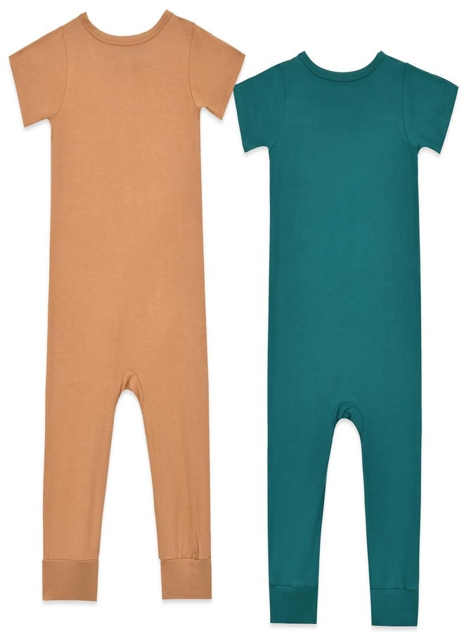 Aablexema Baby Romper Bamboo Rayon Short Sleeve Footless Pajamas 2 Way Zipper Summer Sleeper Jumpsuit Outfits(Khaki & Green,12-18m) - Image 2