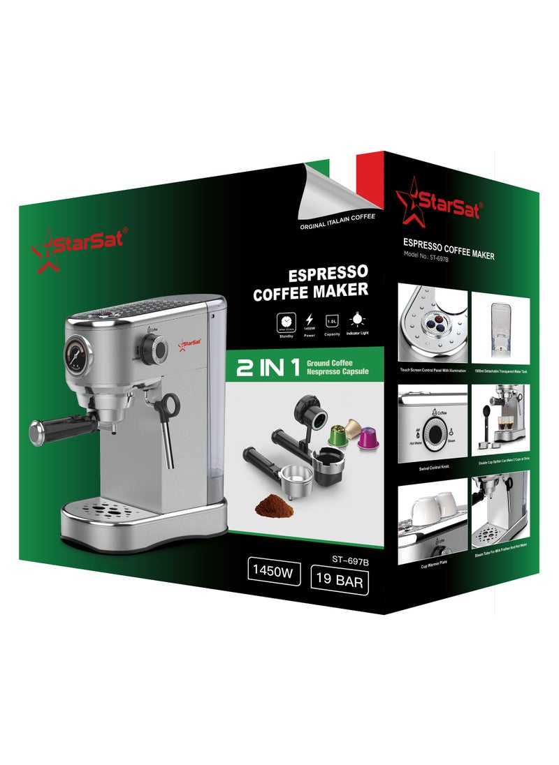 StarSat - Espresso Master ST-697B: Elevate Your Coffee Experience With Precision Brewing, 19 Bar Pressure, Versatile Options, And Advanced Features For Barista-Quality Coffee At Home Silver - Image 1