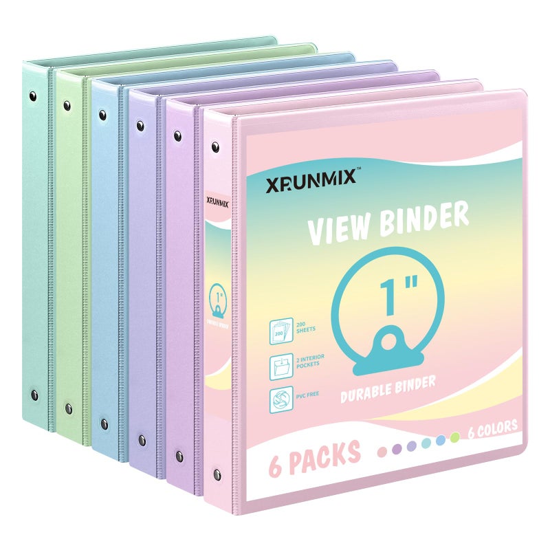 XRUNMIX 1-Inch 3-Ring Binder with Pockets, 1'' Premium View Binders with Three Ring Binders Holds up to 200/325/450 Sheets US Letter Size, Bulk Pack of 6 (1-inch Pastel Color) - Image 1