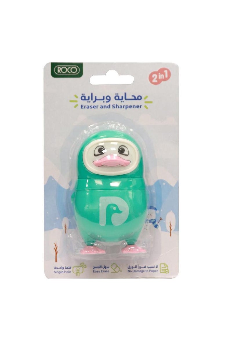 ROCO Rubber Eraser Penguin Design with Single Hole Sharpener Green