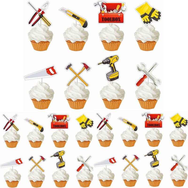 The DaPai 24 Pack Tools Themed Cupcake Toppers Cake Decorations Handyman Toolbox Plier Hammer Screwdriver Drill Wrench Handsaw Cupcake Picks for Boys Men Mechanic Theme Birthday Party Supplies - Image 3