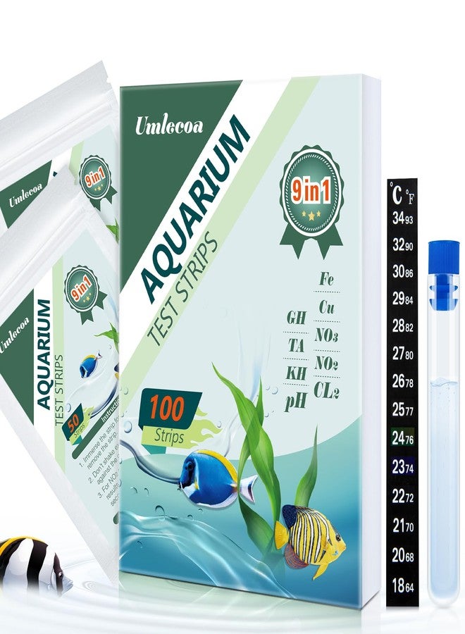 مجموعة اختبار أحواض السمك Umlecoa 9 في 1 للمياه العذبة والمالحة - 100 شريط اختبار مع أنبوب اختبار ومقياس حرارة - شرائط اختبار مياه سريعة ودقيقة لأحواض السمك/البرك/المسابح - Image 1