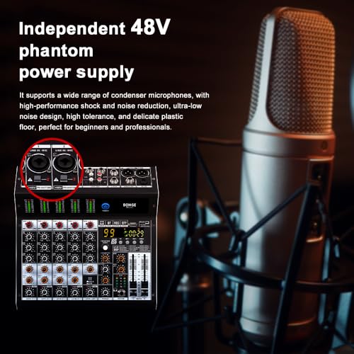 BOMGE Professional audio mixer 6 Channel Mixing Console with 99 DSP Effect,+48V Phantom, Bluetooth,USB Interface.2 AUX.FX Processor for studio recording & Live Performances - Image 4