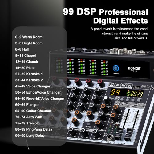 BOMGE Professional audio mixer 6 Channel Mixing Console with 99 DSP Effect,+48V Phantom, Bluetooth,USB Interface.2 AUX.FX Processor for studio recording & Live Performances - Image 5