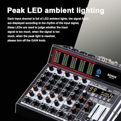 BOMGE Professional audio mixer 6 Channel Mixing Console with 99 DSP Effect,+48V Phantom, Bluetooth,USB Interface.2 AUX.FX Processor for studio recording & Live Performances - Image 3