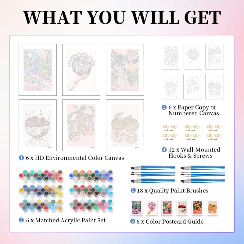 Camocin 6 Pack Paint by Numbers Kit for Adults, Disco Ball Adult Paint by Number Kits Without Frame for Beginner, Fruit Acrylic Oil Painting by Numbers Kits for Gift Home Wall Decor 8 x 12 Inch - Image 4