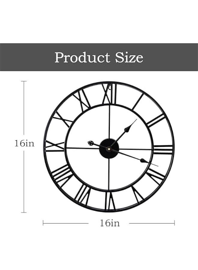 ميكسد ساعات حائط كبيرة صامتة لا تصدر صوت تكتة من تراسل مقاس 16 انش ساعة معدنية دائرية الحجم بأرقام رومانية اوروبية صناعية للمنزل والمطبخ وغرفة المعيشة وديكور المكتب (اسود) تناظري - Image 2