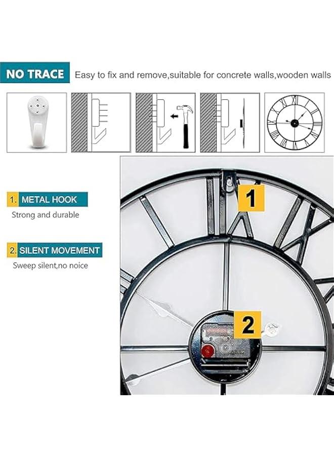 ميكسد ساعات حائط كبيرة صامتة لا تصدر صوت تكتة من تراسل مقاس 16 انش ساعة معدنية دائرية الحجم بأرقام رومانية اوروبية صناعية للمنزل والمطبخ وغرفة المعيشة وديكور المكتب (اسود) تناظري - Image 3
