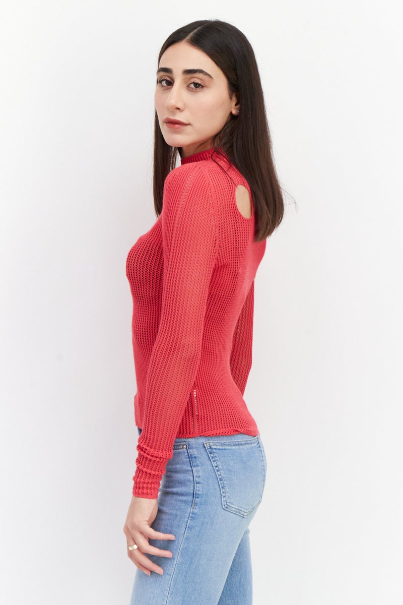 OFF-WHITE Women High Neck Long Sleeve Textured Top, Dark Pink  - Image 2