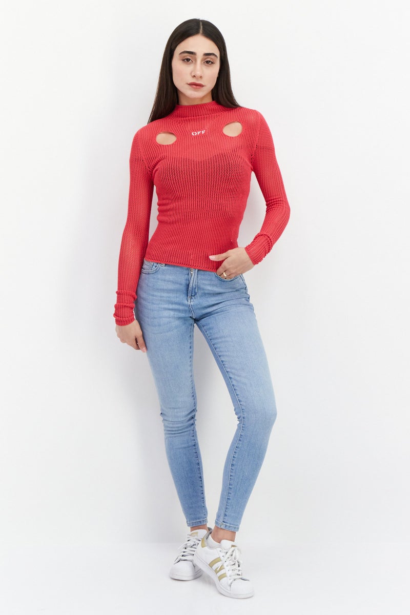 OFF-WHITE Women High Neck Long Sleeve Textured Top, Dark Pink  - Image 4