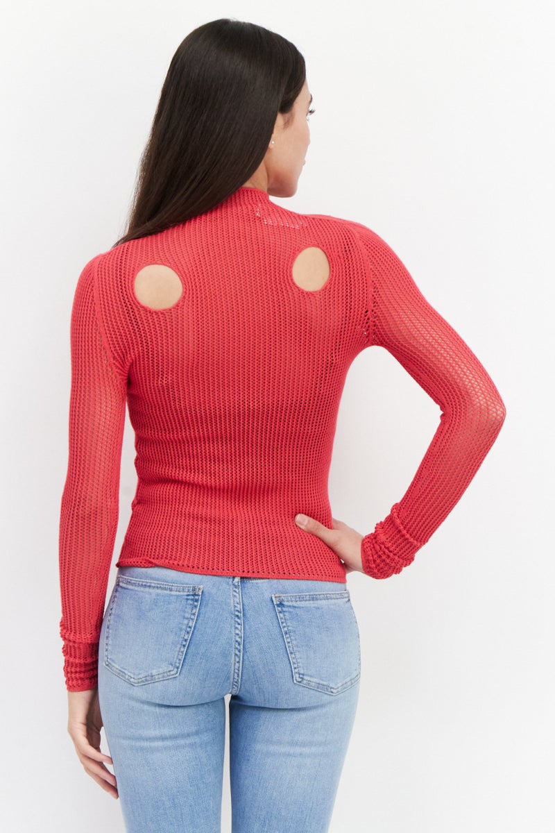 OFF-WHITE Women High Neck Long Sleeve Textured Top, Dark Pink  - Image 3