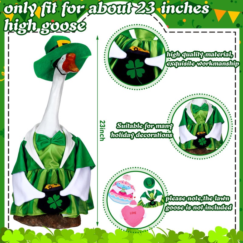 Yeyeplum 3 Set Valentine's Day Porch Goose Outfits 23 Inch St. Patrick Cement Goose Clothes Seasonal Holiday Duck Costume Set for Valentine's Day St. Patrick Easter Garden Yard Lawn Statue Decor - Image 3