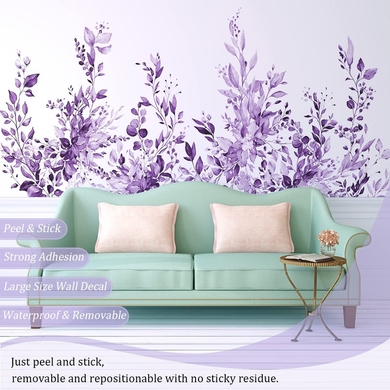 VePret Purple Plants Leaves Wall Decals Peel and Stick, Large Floral Flowers Wall Stickers, Removable Vine Home Decor Art for Bedroom Living Room Classroom Office - Image 3