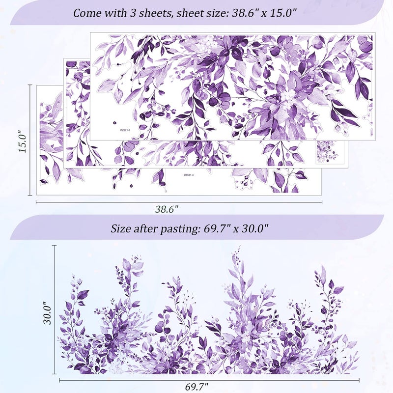 VePret Purple Plants Leaves Wall Decals Peel and Stick, Large Floral Flowers Wall Stickers, Removable Vine Home Decor Art for Bedroom Living Room Classroom Office - Image 2