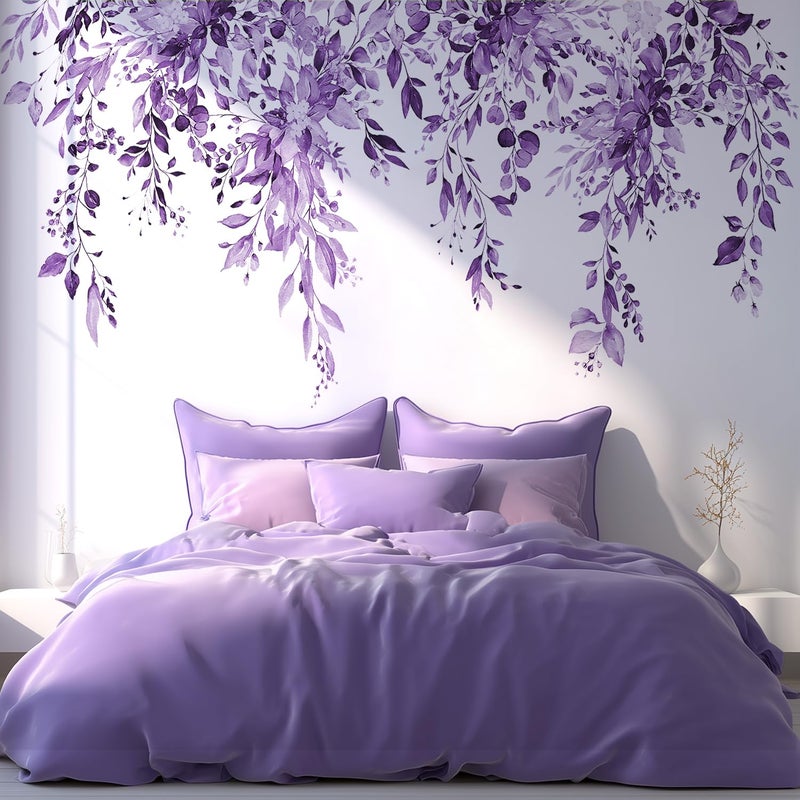 VePret Purple Plants Leaves Wall Decals Peel and Stick, Large Floral Flowers Wall Stickers, Removable Vine Home Decor Art for Bedroom Living Room Classroom Office - Image 1