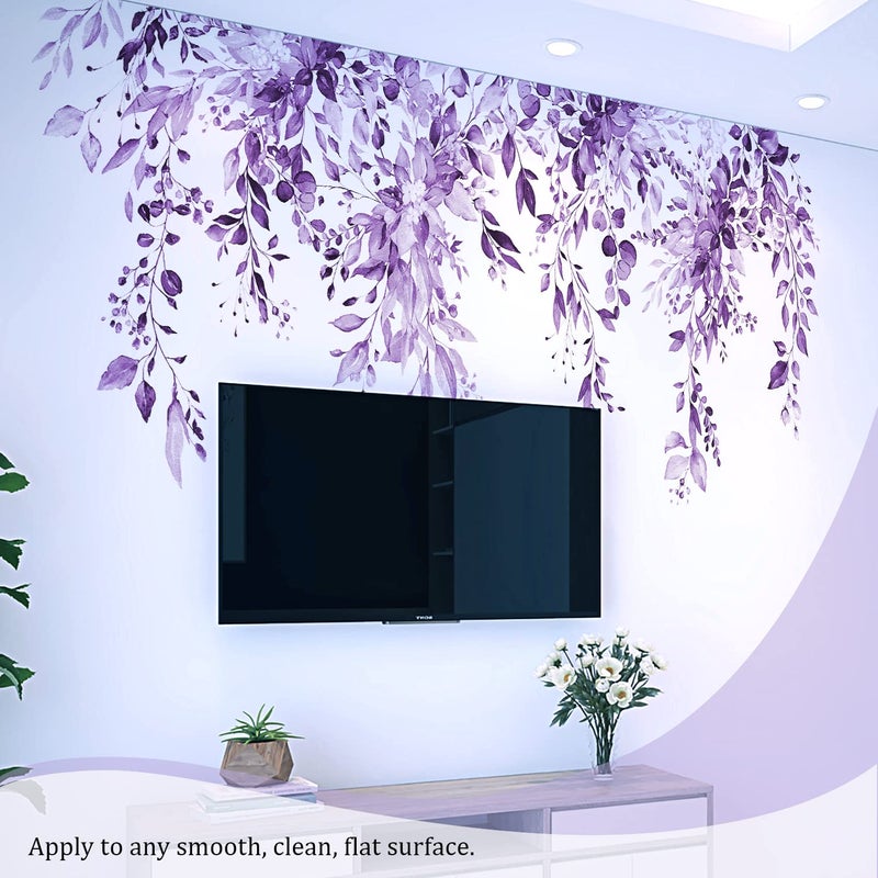 VePret Purple Plants Leaves Wall Decals Peel and Stick, Large Floral Flowers Wall Stickers, Removable Vine Home Decor Art for Bedroom Living Room Classroom Office - Image 5