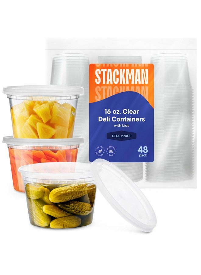 Stack Man Deli Containers with Lids [48 Sets - 16 oz.] Pint Plastic Soup Container - Disposable Deli Food Storage Containers with Airtight Lids for Freezer & Restaurant Takeout - Image 1