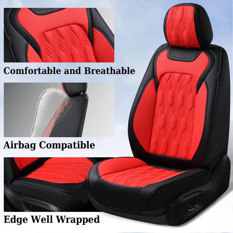 Coverado Car Seat Cover Full Set, Luxury Leather Seat Covers for Front and Rear, Waterproof Seat Covers 5 Seats, Car Seat Protectors Driver Seat Cushions Universal for Most Vehicles, Red - Image 4