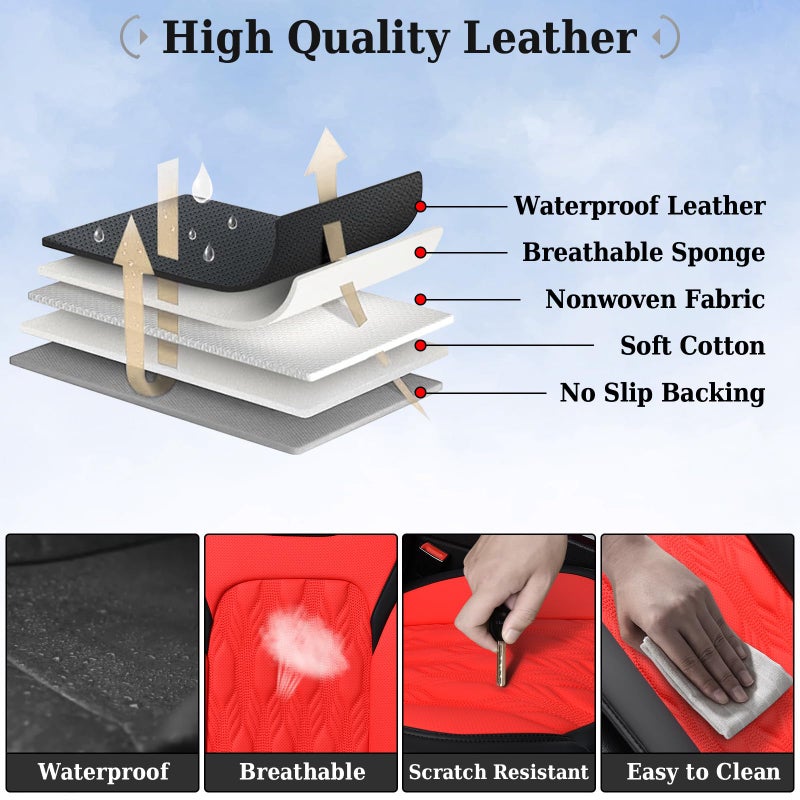 Coverado Car Seat Cover Full Set, Luxury Leather Seat Covers for Front and Rear, Waterproof Seat Covers 5 Seats, Car Seat Protectors Driver Seat Cushions Universal for Most Vehicles, Red - Image 5
