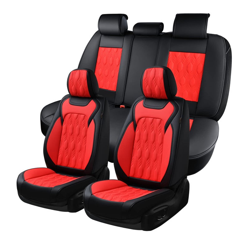 Coverado Car Seat Cover Full Set, Luxury Leather Seat Covers for Front and Rear, Waterproof Seat Covers 5 Seats, Car Seat Protectors Driver Seat Cushions Universal for Most Vehicles, Red - Image 1