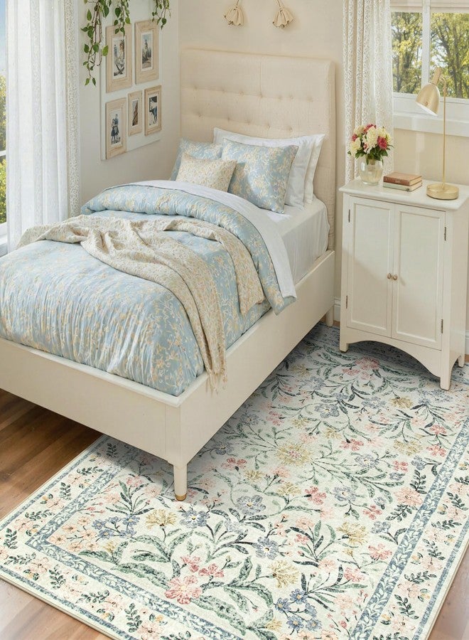 Wonnitar Boho Floral Washable Rugs 5x7, Soft Area Rugs for Bedroom, Ultra-Thin Non Slip Beige Area Carpets, Flower Print Decor Carpet for Living Room Nursery Dining Room Office - Image 2