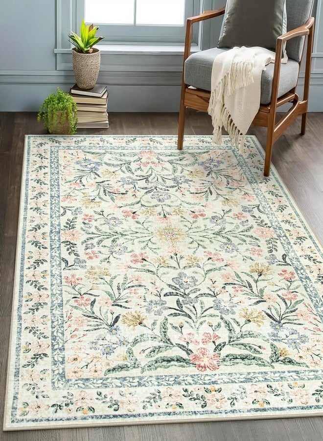 Wonnitar Boho Floral Washable Rugs 5x7, Soft Area Rugs for Bedroom, Ultra-Thin Non Slip Beige Area Carpets, Flower Print Decor Carpet for Living Room Nursery Dining Room Office - Image 3