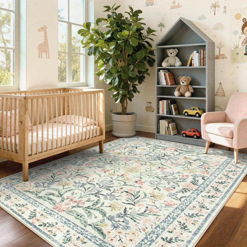 Wonnitar Boho Floral Washable Rugs 5x7, Soft Area Rugs for Bedroom, Ultra-Thin Non Slip Beige Area Carpets, Flower Print Decor Carpet for Living Room Nursery Dining Room Office - Image 1