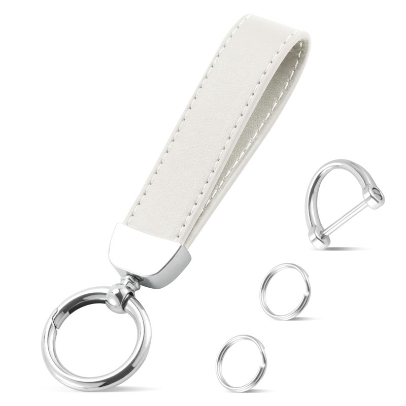 JUSTTOP Leather Keychain, Car Key Chain with Anti-Lost D-Ring and 2 Key Ring, Keychain Wristlet, Car Accessories, Universal Keychain for Men and Women (White) - Image 1