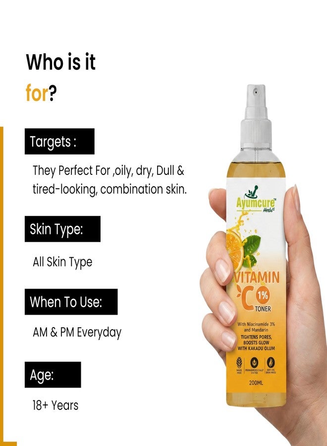 Ayumcure Vitamin C 1% Toner with 3% Niacinamide & Mandarin | Skin Brightening, Pore Tightening & Hydrating Face Toner | With Kakadu Plum | For All Skin Types | 200ml | Men & Women - Image 2