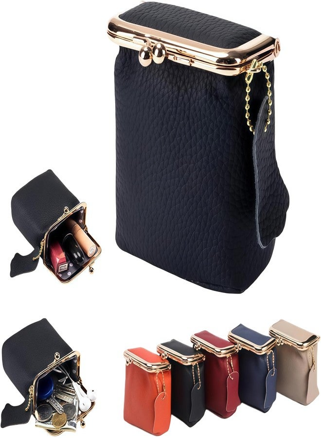 Vynoraxis Genuine Leather Mini Jewelry Box & Vintage Wallet for Women - Compact Travel Coin Purse, Lipstick Storage Organizer, Retro Leather Clutch Case (Black) - Image 1