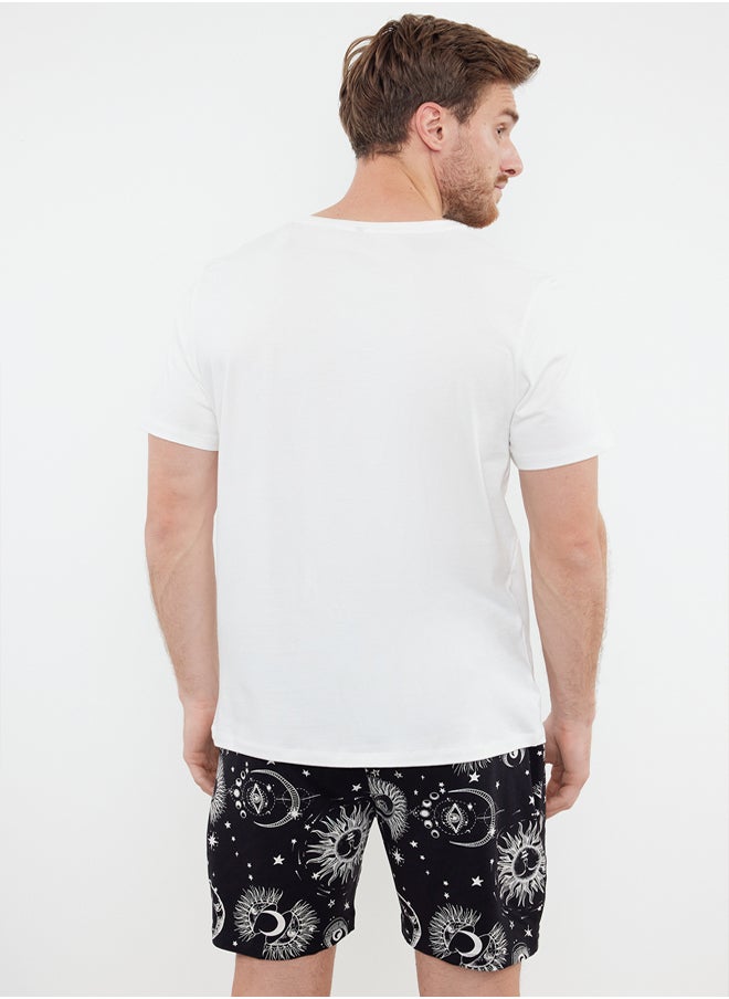 trendyol Ecru Black Printed Regular Fit Couple/Double Knitted Shorts 100% Cotton Pajama Set TMNSS24PT00018  - Image 5