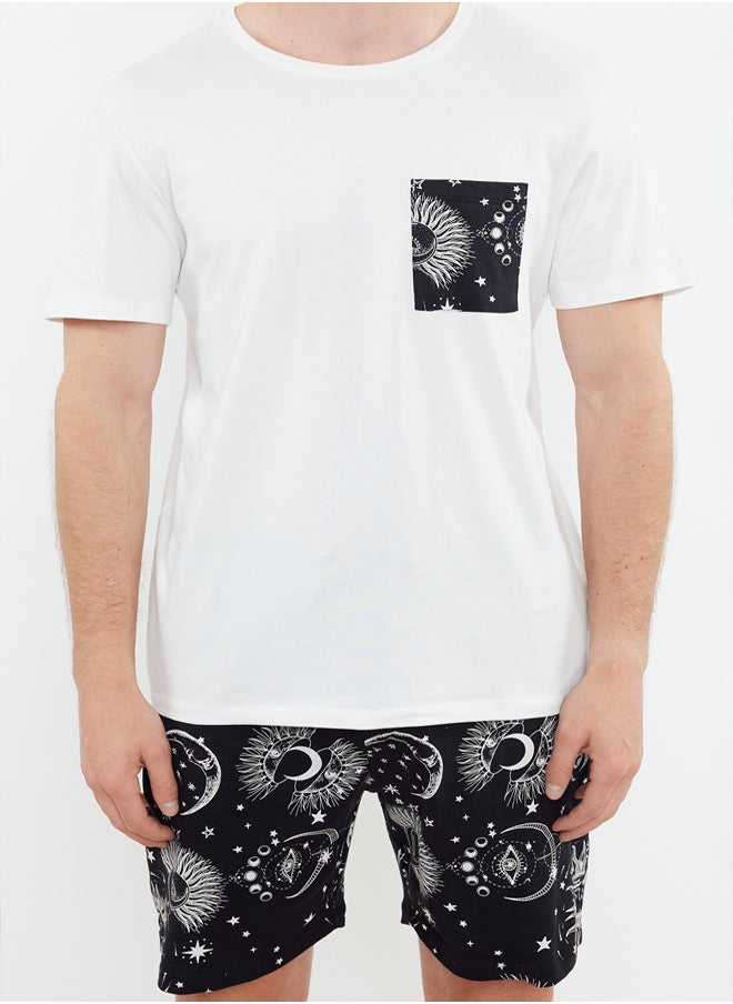 trendyol Ecru Black Printed Regular Fit Couple/Double Knitted Shorts 100% Cotton Pajama Set TMNSS24PT00018  - Image 3