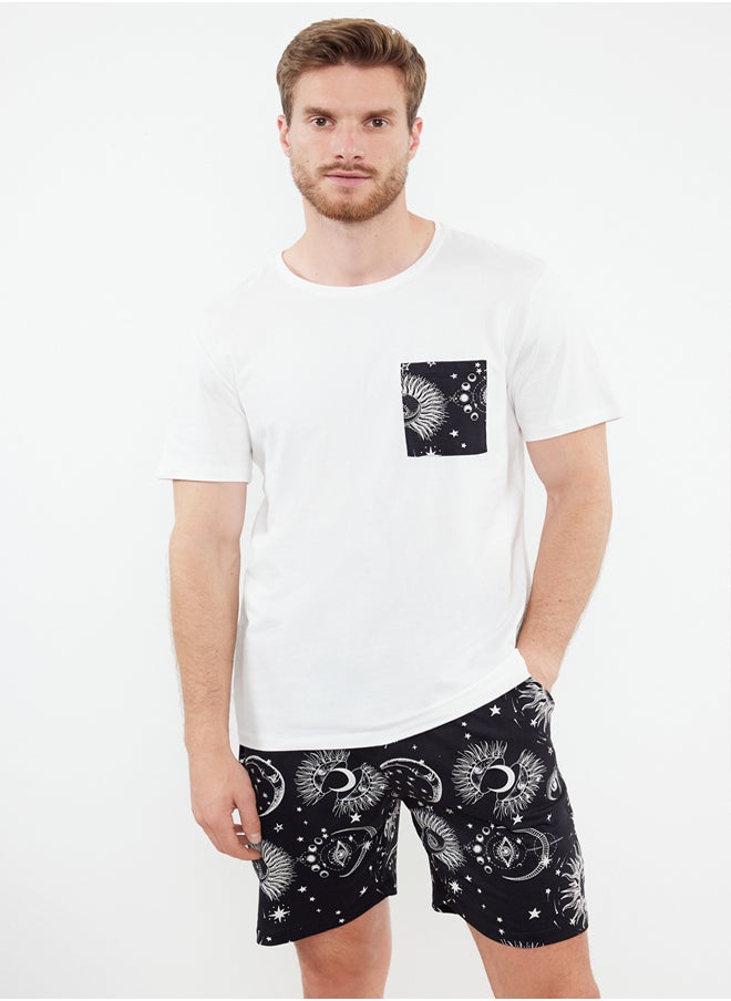 trendyol Ecru Black Printed Regular Fit Couple/Double Knitted Shorts 100% Cotton Pajama Set TMNSS24PT00018  - Image 2