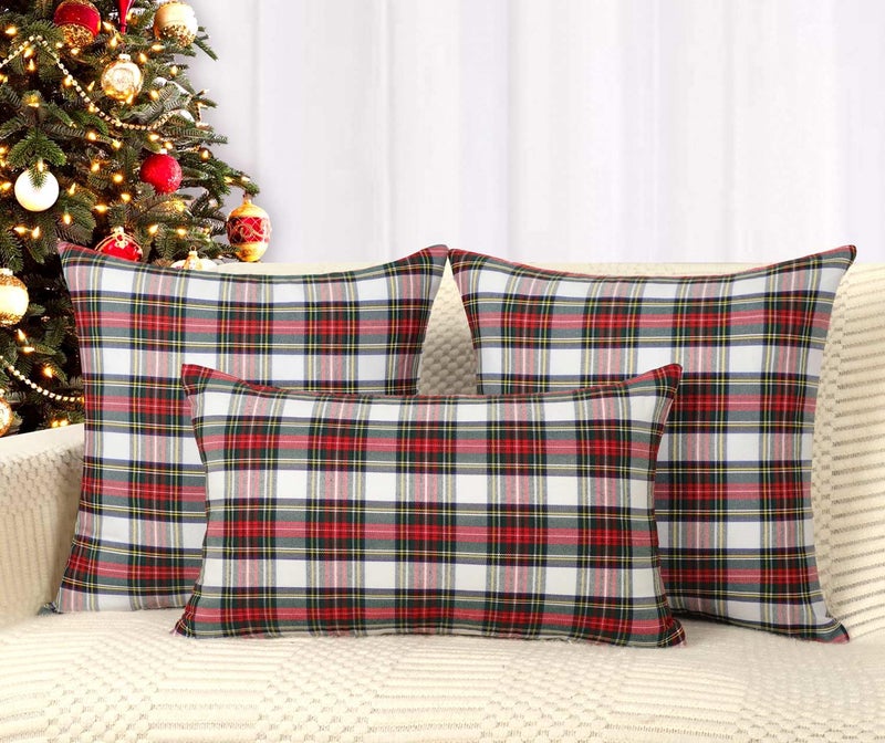 4TH Emotion Set of 2 Christmas Scottish Tartan Plaid Throw Pillow Covers Cushion Case Polyester for Farmhouse Home Decor Red and White  18 x 18 Inches - Image 4
